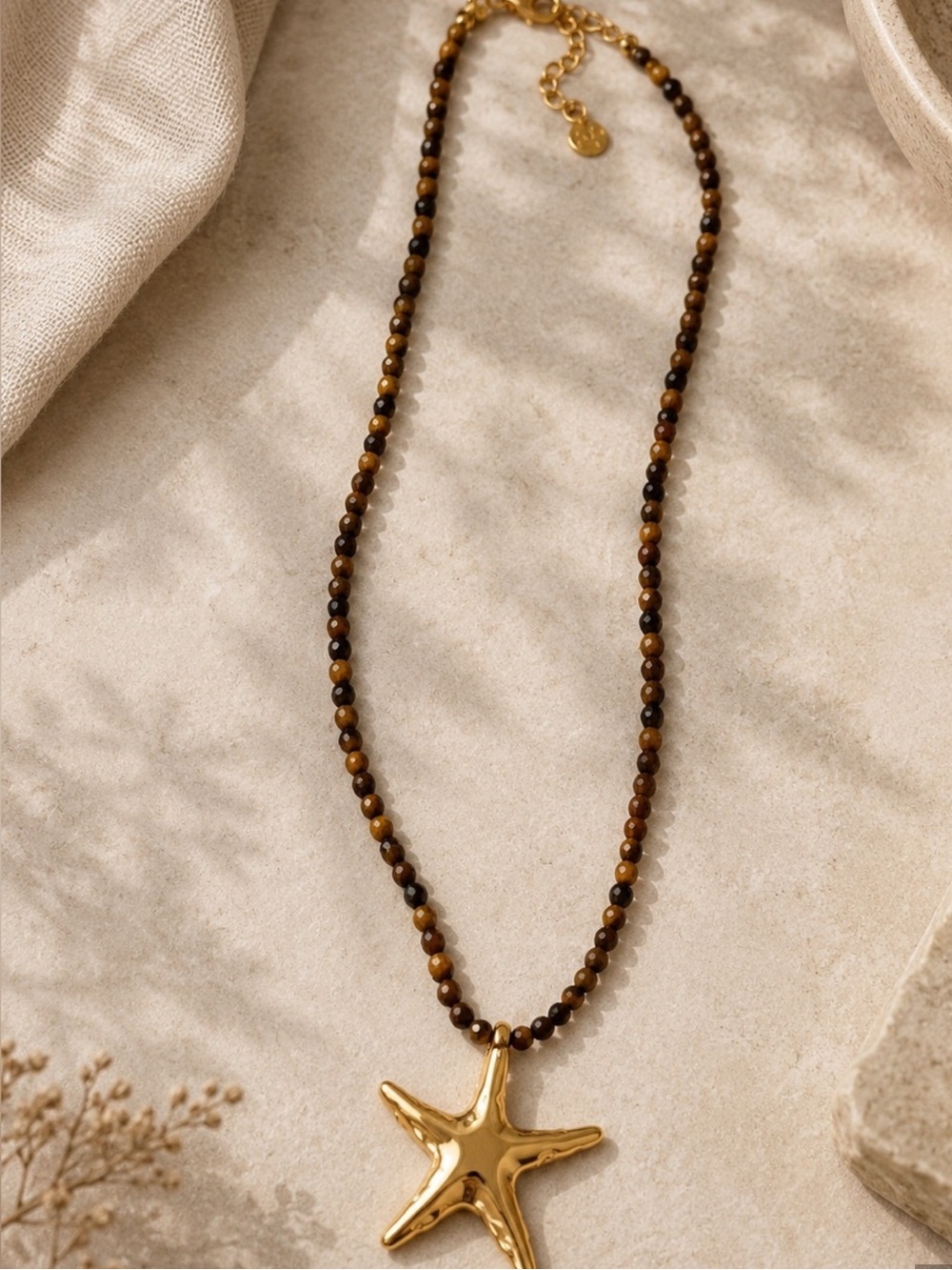 New mayamar Brown Tigers Eye Beaded Necklace with Gold Starfish Pendant